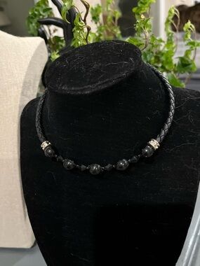 Black Beaded Braided Leather Necklace - Unbranded